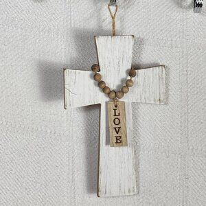 Rustic Whitewash Embossed Particle Board Beaded Faux Wood Love Sign on 8" Cross